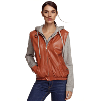 Cyber Meaneor Stylish Ladies Women Casual PU Leather Patchwork Coat Jacket Hooded Outerwear Detachable Zipper Hoodie ( Orange)  