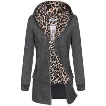 Cyber Meaneor Women Hooded Fleece Leopard Pattern Zip Long Outwear Hooded Jacket ( Grey )  