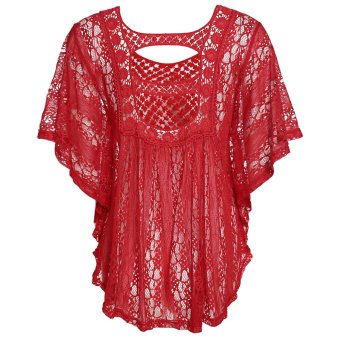 Cyber Meaneor Women Sheer Crochet Lace Loose Poncho Top (Red)  