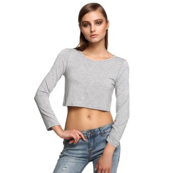 Cyber New Stylish Ladies Women Finejo Casual Long Sleeve Round Neck Crop Top Blouse  