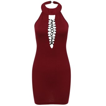 Cyber New Wome's Halter Backless Clubwear Party Slim fit Bandage Cross Straps Bodycon Mini Dress (Wine Red)  