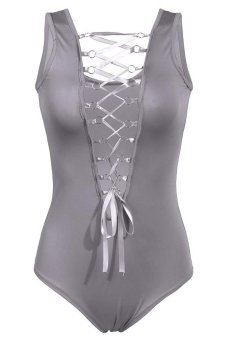 Cyber One Piece Deep V Neck Swimsuits Sleeveless Bondage Hollow Stretch Solid Bodysuit (Grey) - Intl  