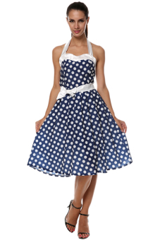 Cyber Polka Dot Print Backless Women Spaghetti Strap Midi Dress (Blue)  