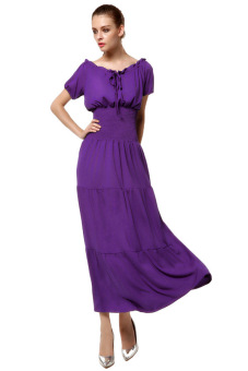 Cyber Ruffles Elastic Beach Chiffon Dresses Long Maxi Dress (Purple)  