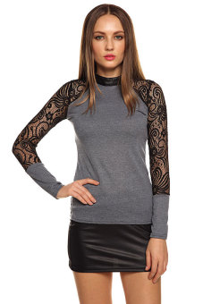 Cyber Sexy Women's Baroque Lace Splicing Long Sleeve Blouse Tops Knit T-Shirts (Grey)  