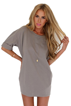 Cyber Short Sleeve Women Loose Shift Dress ( Grey )  