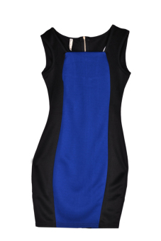 Cyber Square Collar Women Sleeveless Patchwork Pencil Short Mini Dress Back Zipper ( Blue )  