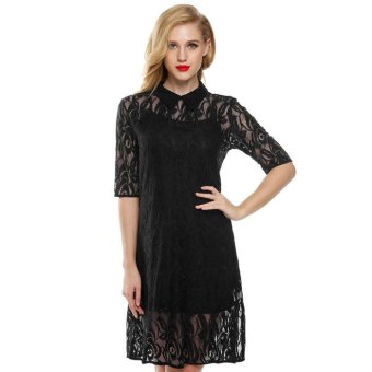 Cyber Stylish Lady Women's Sexy Medium Sleeve Black Floral Lace 2Pcs Casual Party Mini Dress(Black)  