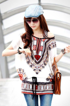 Cyber Women Casual Round Neck Blouse Loose Print Batwing Sleeve Tunic Blouse Tops (White)  