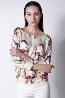 Cyber Women Elegant Floral Print Blouse O-neck 3/4 Sleeve Tops Casual Shirt OL ( Beige )  