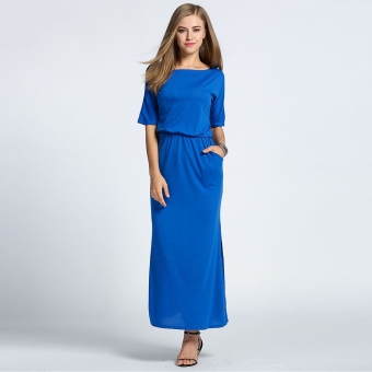 Cyber Women Fashion Casual Slash Neck Batwing Short Sleeve Solid Side Split Maxi Long Dress ( Navy Blue ) - intl  