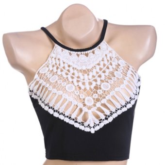 Cyber Women Fashion Halter Sleeveless Backless Back Cross Strap Crochet Lace Patchwork Hollow Crop Tops (Black)  