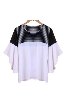 Cyber Women Loose Round Neck Medium Batwing Sleeve Sheer Stripe Patchwork Tops Blouse(White)  