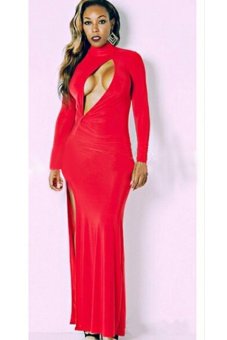 Cyber Women O-Neck Long Sleeve Stretch Bodycon Front Hollow Party Maxi Long Dress Red  