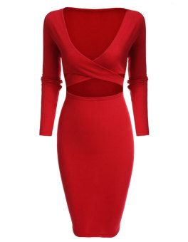 Cyber Women Sexy V Neck Long Sleeve Bandage Bodycon Pencil Party Cocktail Clubwear Plain Mini Dress (Red) - intl  