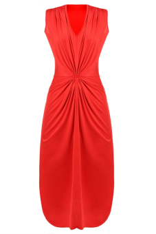 Cyber Women Sexy V-Neck Sleeveless Stretch Bodycon Draped Package Hip Party Midi Dress Red  