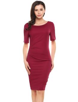 Cyber Women Slim Half Sleeve Side Ruched Bodycon Pencil Dress ( Wine Red ) - intl  