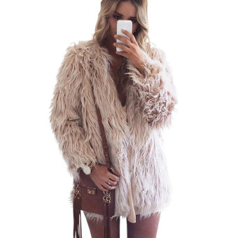 Cyber Women Winter Fashion Faux Fur Long Sleeve Solid Jacket Warm Coat Outerwear(Khaki)  