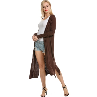 Cyber Women's Casual Long Sleeve Solid Open Front Slit Long Maxi Cardigan ( Dark Brown ) - intl  