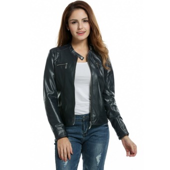 Cyber Women's Faux Leather Motorcycle Biker Jacket Zip-Up Solid Slim Fit Jacket ( Black ) - intl  