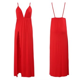 Cyber Women's Sleeveless Sexy Deep V-Neck Spaghetti Strap Backless Slit Long Dress ( Red )  