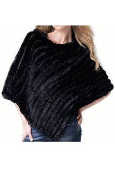 Cyber Women's Soft Knitted Genuine Fur Poncho Jacket Coats (Black)  