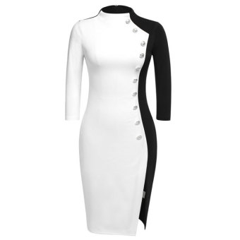 Cyber Zeagoo 3/4 Sleeve Button Patchwork Side Split Bodycon Dress (White)  