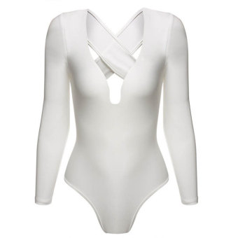 Cyber Zeagoo Deep V-Neck Cross Bandage Bodycon Bodysuit Jumpsuit (White) - Intl - intl  