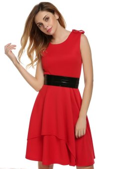 Cyber Zeagoo Women Casual O-Neck Sleeveless High Waist Pleated A-line Mini Dress ( Red )  