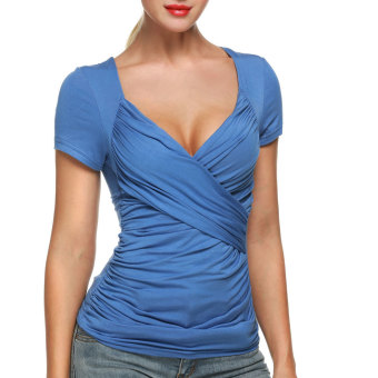 Cyber Zeagoo Women Crossover Short Sleeve Ruched Blouse Tops (Blue)  