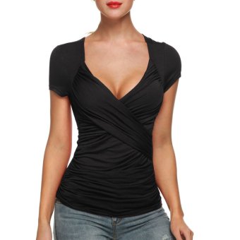 Cyber Zeagoo Women Crossover Short Sleeve Ruched Blouse Tops (Black)  