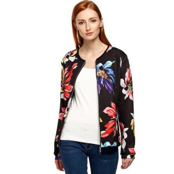Cyber Zeagoo Women Fashion Casual Collarless Long Sleeve Floral Print Zip Jacket Coat Tops  