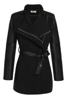 Cyber Zeagoo Women Lapel Long Sleeve Synthetic Leather Patchwork Wool Blend Trench Coat Outerwear ( Black )  