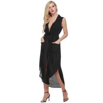 Cyber Zeagoo Women Sleeveless Slit Chiffon Maxi Shirt Dress With Belt ( Black ) - intl  