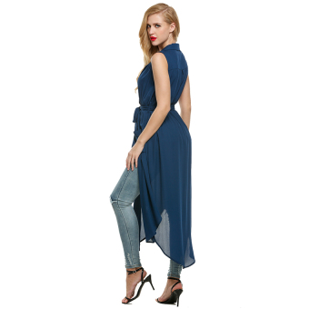 Cyber Zeagoo Women Sleeveless Slit Chiffon Maxi Shirt Dress With Belt ( Dark Blue )  