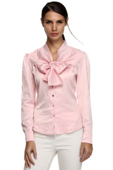Cyber Zeagoo Women Slim V Neck Button Down Long Sleeve Bow Solid Wear to Work Shirt ( Pink )  