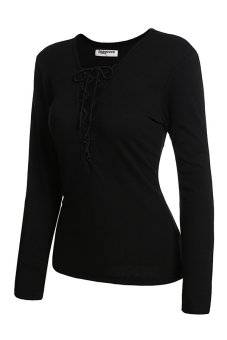 Cyber Zeagoo Women's Lace Up Deep V Neck Long Sleeve Top Blouse ( Black )  