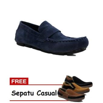 D-Island Shoes Slip On Moccasins Step Comfort Suede Blue + Gratis Sepatu Casual  