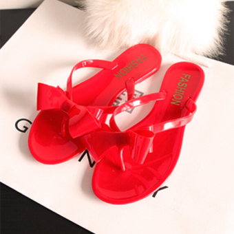 D12 Fashion Women's Lady's Flat Jelly Cute Bow Sandals Shoes Rubber Sole Slipper Shoe Red  