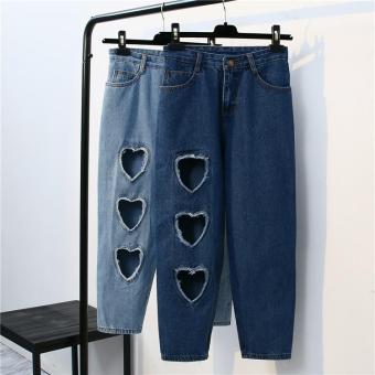 Denim Harajuku wind pants peach heart hole hole jeans women loose straight pants nine pants(dark blue) - intl  