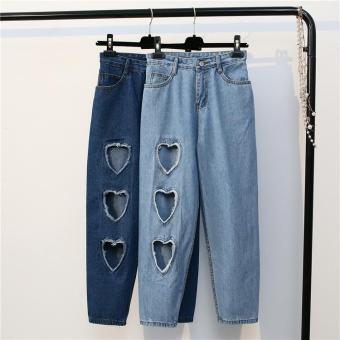 Denim Harajuku wind pants peach heart hole hole jeans women loose straight pants nine pants(light blue) - intl  