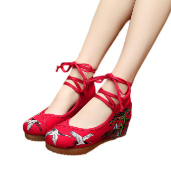 Derek Veowalk bordiran sepatu platform wanita kasual dari bahan katun model renda Up Mata Kaki 5 cm wanita pertengahan tumit sepatu kanvas baji Merah - Internasional  
