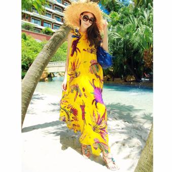 DR015 Women's bohemia loose palazzo yellow floral print maxi long dress M L - intl  