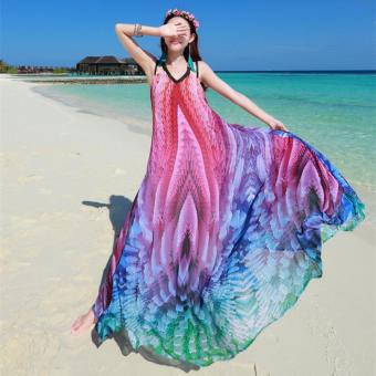 DR052 Women's bohemia v-neck spaghetti strap backless 3D rainbow gradient print maxi long beach dress S M L - intl  