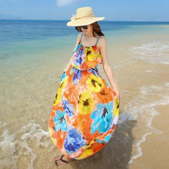 DR094 Women's spaghetti strap ruffles collar print flower chiffon beach maxi long dress - intl  