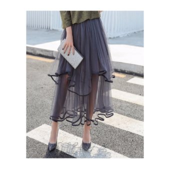 DR212 Women's high elastic waist layered gauze mesh sexy fashion asymmetric maxi long skirt Grey color One size - intl  