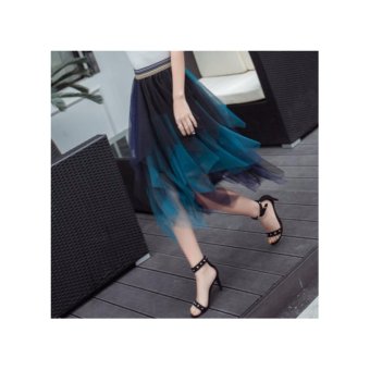 DR219 Women's elastic waist green gradient color asymmetric gauze mesh maxi long skirt ball gown skirt One size - intl  