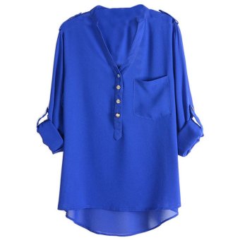 EGC Spring Summer Women t shirt Chiffon Pockets V-neck Long Sleeve camiseta clothing female Elegant blusas Pocket Shirt blusas tops(Blue)  