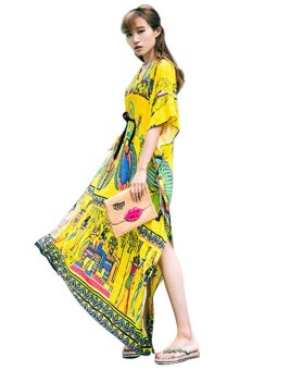 Egyptian Fantasy Indian Flora Maxi Casual Dresses V-Neck Split Bohemian Dresses Long Summer Traveling Wild Party Dress Color No.1 YM-06A1  