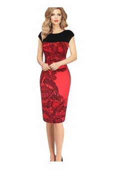 Elegant Ladies Pinup Printed Fitted Business Work Pencil Dress (Red) (EXPORT) (Size:S) - intl  